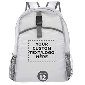 discount promos custom lightweight travel packable backpacks set of 12, personalized bulk pack - perfect for camping, outdoor sports - white
