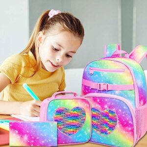 ZLYERT 3PCS Girls Backpack, Rainbow Kids Backpacks for Elementary Preschool Students, 16" Sequin Bookbag with Lunch Box for Girl