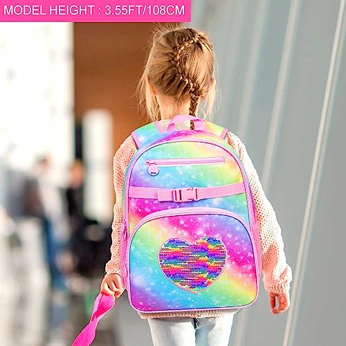 ZLYERT 3PCS Girls Backpack, Rainbow Kids Backpacks for Elementary Preschool Students, 16" Sequin Bookbag with Lunch Box for Girl