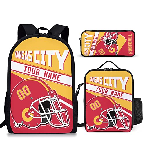 mdbozli Kansas City Custom Football Backpack 3 Piece Set Add Your Name And Nume School Bag with Lunch Box and Pen Case Set Gift for Boys Girls