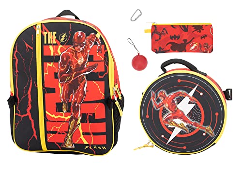 The Flash 5 Piece Backpack Set, Kids 16" Super Hero School Travel Bag with Front Zip Pocket, Red