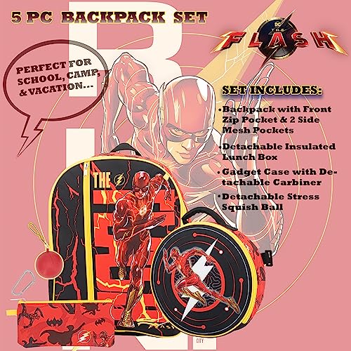 The Flash 5 Piece Backpack Set, Kids 16" Super Hero School Travel Bag with Front Zip Pocket, Red