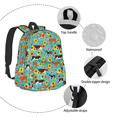 Biunnru Cow Sunflower Flower Travel Backpacks 15 In Cartoon Backpacks For Laptop Backpack