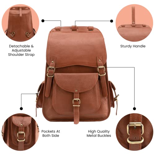 Handmade World Vintage Full Grain 20 Inch Tan Brown Leather Laptop Large Backpack Casual Bookbag Daypack Camping Travel Rucksack Knapsack