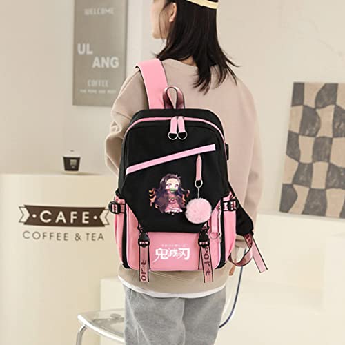 Luckbanjie 17'' Nezuko Backpack Tanjiro Anime School Book Bag Latop Backpacks (Pink-A)