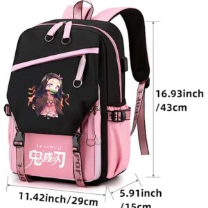 Luckbanjie 17'' Nezuko Backpack Tanjiro Anime School Book Bag Latop Backpacks (Pink-A)