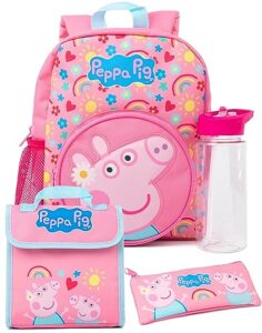 peppa pig kids 4 piece backpack set | girls boys animated george pig hearts pink rucksack lunch bag pencil case water bottle | back to school bag gifts
