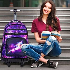 KLFVB Rolling Backpack for Women,3PCS Adult Wheeled Bag with Lunch Bag for Girls,Waterproof Roller Wheels Bookbag - Unicorn
