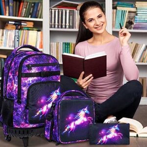 KLFVB Rolling Backpack for Women,3PCS Adult Wheeled Bag with Lunch Bag for Girls,Waterproof Roller Wheels Bookbag - Unicorn