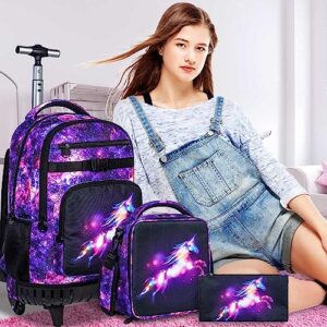 KLFVB Rolling Backpack for Women,3PCS Adult Wheeled Bag with Lunch Bag for Girls,Waterproof Roller Wheels Bookbag - Unicorn