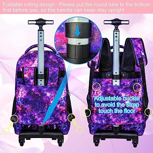 KLFVB Rolling Backpack for Women,3PCS Adult Wheeled Bag with Lunch Bag for Girls,Waterproof Roller Wheels Bookbag - Unicorn