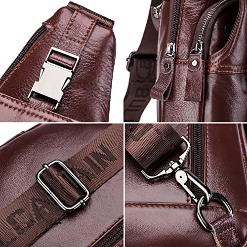 Hebetag Leather Sling Crossbody Bag Casual Daypack for Men Women Outdoor Travel Hiking Camping Fishing Shoulder Chest Pack Day Pack (#00Brown)