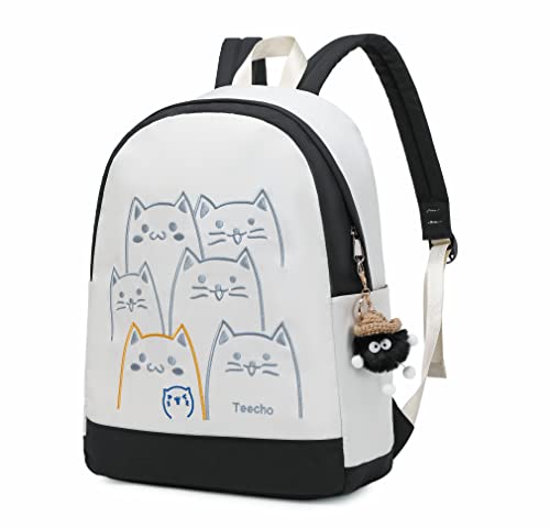 Teecho Backpack Purse for Women Student School Bag Cute Laptop Backpack for Youngsters White with Black