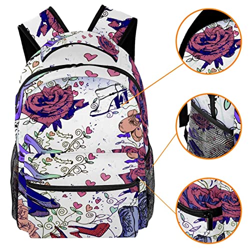 VBFOFBV Laptop Backpack, Elegant Travelling Backpack Casual Daypacks Shoulder Bag for Men Women, Red Rose Heels Heart Retro