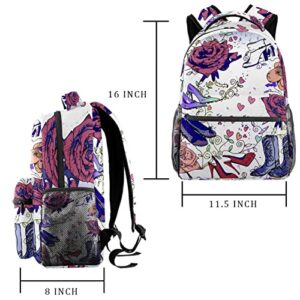 VBFOFBV Laptop Backpack, Elegant Travelling Backpack Casual Daypacks Shoulder Bag for Men Women, Red Rose Heels Heart Retro