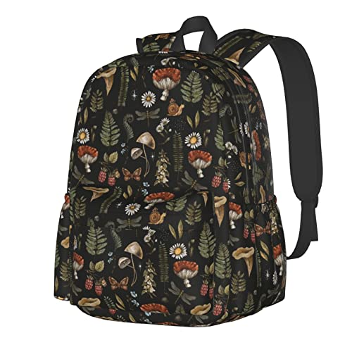 SUPLUCHOM School Backpack Vintage Magic Mushroom Leaf Forest Casual Daypack Men Women Polyester Laptop Bag with Side Pockets Bookbag for Travel Hiking Work Student Over 3 Years Old Kids