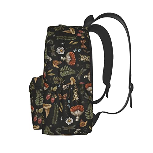 SUPLUCHOM School Backpack Vintage Magic Mushroom Leaf Forest Casual Daypack Men Women Polyester Laptop Bag with Side Pockets Bookbag for Travel Hiking Work Student Over 3 Years Old Kids