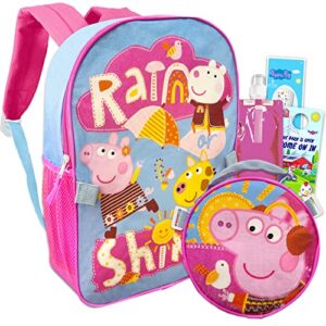 peppa pig backpack with lunch box for kids - 5 pc bundle with 16" peppa pig school backpack bag, lunch bag, water bottle, stickers, and more | peppa pig backpack for girls