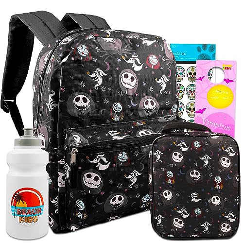 Nightmare Before Christmas Backpack with Lunch Box Set - Bundle with 16” Nightmare Before Christmas Backpack, Lunch Bag, Stickers, Water Bottle, More | Jack Skellington Backpack