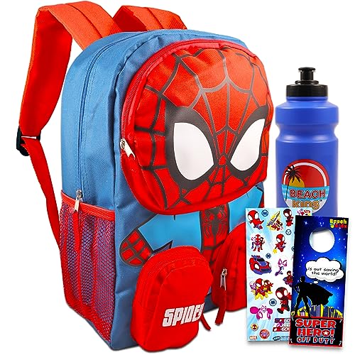 Marvel Spiderman 16" Backpack for Boys Set - Bundle, Stickers, Water Bottle, More for Boys 4-6