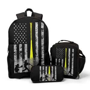 nerxy school backpack set 3 pcs baseball us flag printed large bookbags heavy duty shoulder packs teenager girls boys