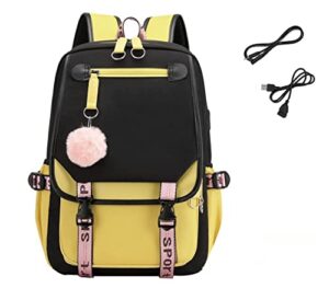 egen kawaii lightweight schoolbag with usb port usb cable and earphone cord set college laptop backpack travel (yellow black,17 inch)