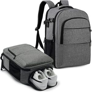 lekakii backpack for traveling on airplane, large travel backpack with shoe pouch for women men, 40l waterproof personal item travel bag for men women grey
