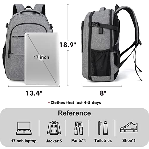 Lekakii Backpack for Traveling On Airplane, Large Travel Backpack with Shoe Pouch for Women Men, 40L Waterproof Personal Item Travel Bag for Men Women Grey