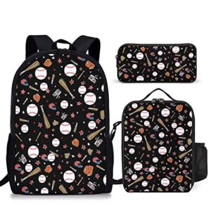roftidzo baseball 3 piece backpack set with lunch box pen box for boys girls, high capacity bookbag lunch bag pencil case for man women workplace travel