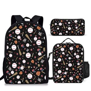 Roftidzo Baseball 3 Piece Backpack Set with Lunch Box Pen Box for Boys Girls, High Capacity Bookbag Lunch Bag Pencil Case for Man Women Workplace Travel