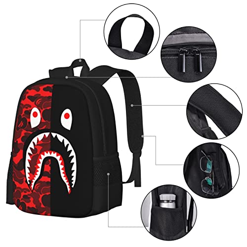 AKMASK 17inch Shark Backpack Red Camouflage 3D Print Laptop Backpack Lightweight Casual Daypack Bookbag