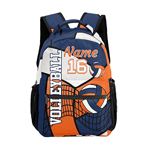 Zaaprint Custom Volleyball Orange Blue White Waterproof Backpack Bookbag with Name for Birthday Holiday Gift