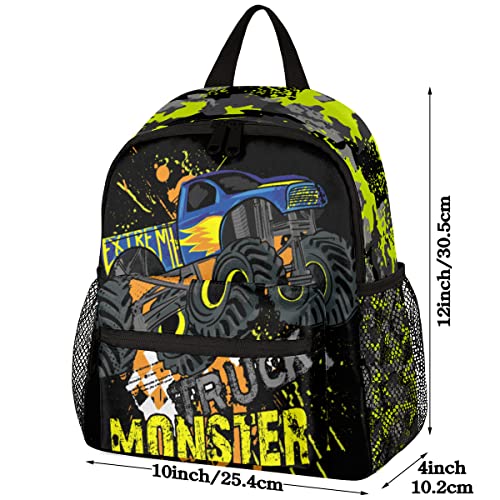 cfpolar Yellow Monster Trucks Car Kids Backpacks for Boys, Cute Toddler Backpack Preschool Kindergarten Elementary School Backpack Lightweight Mini Shoulder Bookbag Casual Daypack with Chest Strap