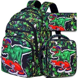 ccjpx 3pcs kids backpack for boys, dinosaur school bookbag with lunch box, 17 inch laptop backpacks for teen boy
