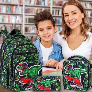 CCJPX 3PCS Kids Backpack for Boys, Dinosaur School Bookbag with Lunch Box, 17 Inch Laptop Backpacks for Teen Boy