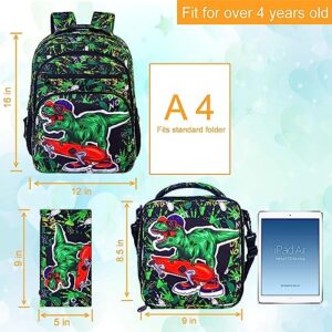 CCJPX 3PCS Kids Backpack for Boys, Dinosaur School Bookbag with Lunch Box, 17 Inch Laptop Backpacks for Teen Boy