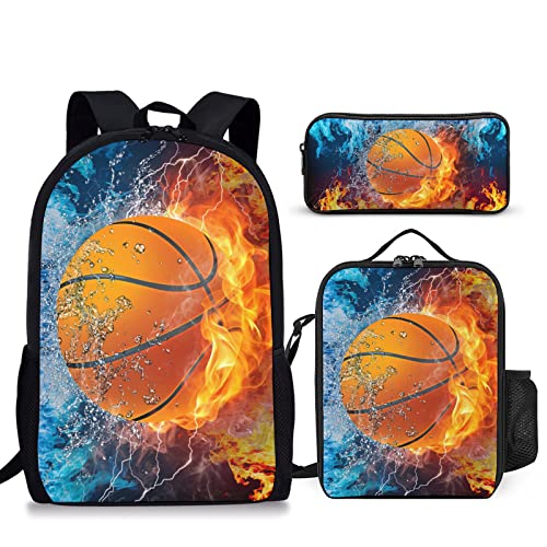 Qlonrewt 3PCS Backpack with Lunch Box Pencil Case Set, Boys Girls Bookbag Lunch Bag for Middle-School Elementary Student (Basketball Orange)