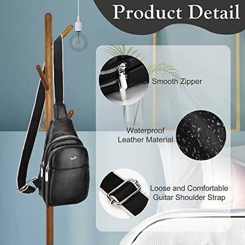 Ceuku Sling Bag Small Sling Backpack for Women PU Leather Crossbody Bag Fashion Chest Bags for Hiking Travel Daypack Rushsack Outdoor Black