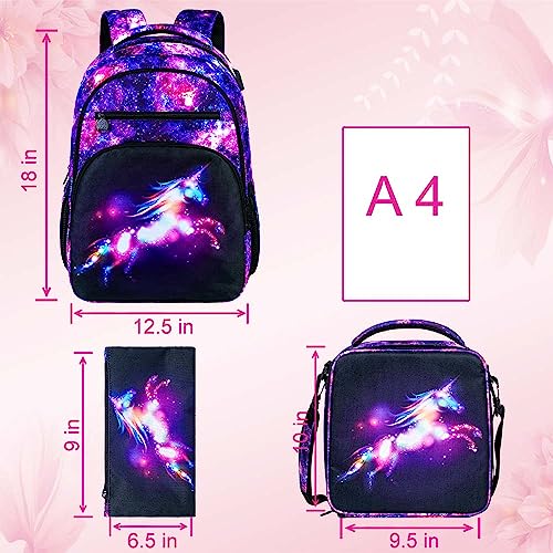 UFNDC 3PCS Laptop Backpack for Women, 17" Waterproof Travel Computer Bookbag with USB Charging Port, Cute Anti Theft Unicorn Backpacks for College Teenagers Girls