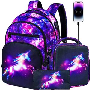 klfvb laptop backpack for women, travel college bookbag with usb charging port, 17 inch cute business computer waterproof anti theft backpacks for teenagers girls - unicorn