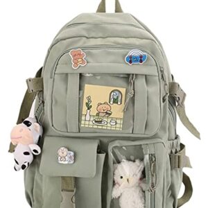 Maioloq Kawaii Backpack with Cute Bear Plush Pin Accessories Large Capacity Aesthetic School Bags Cute sage green Bookbag for Girls Teen-sage Green 111