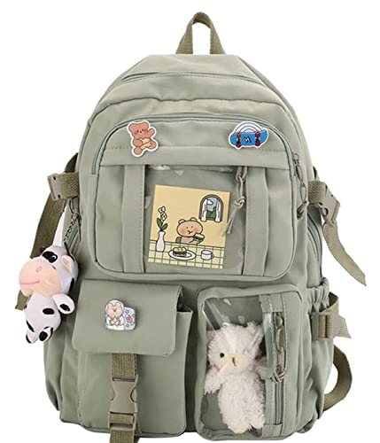 Maioloq Kawaii Backpack with Cute Bear Plush Pin Accessories Large Capacity Aesthetic School Bags Cute sage green Bookbag for Girls Teen-sage Green 111