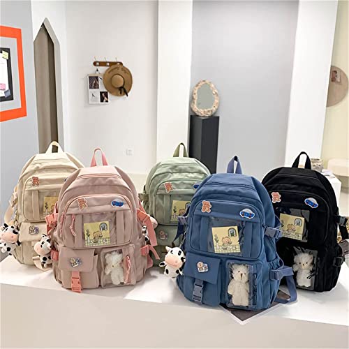 Maioloq Kawaii Backpack with Cute Bear Plush Pin Accessories Large Capacity Aesthetic School Bags Cute sage green Bookbag for Girls Teen-sage Green 111