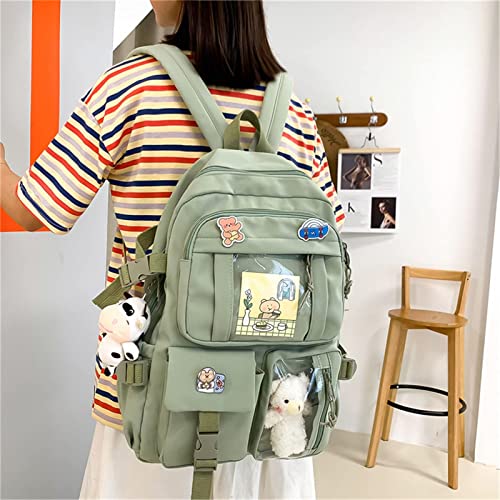 Maioloq Kawaii Backpack with Cute Bear Plush Pin Accessories Large Capacity Aesthetic School Bags Cute sage green Bookbag for Girls Teen-sage Green 111