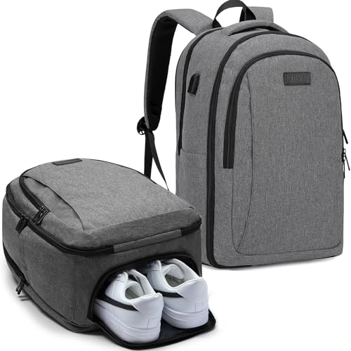 Lekakii Large Travel Backpack with Shoe Pouch, Waterproof Backpack for Traveling On Airplane, 40L Personal Item Travel Bag for Men Women Grey