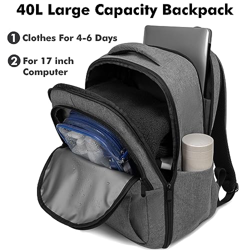 Lekakii Large Travel Backpack with Shoe Pouch, Waterproof Backpack for Traveling On Airplane, 40L Personal Item Travel Bag for Men Women Grey