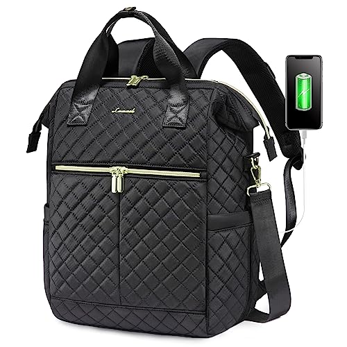 LOVEVOOK Laptop Backpack for Women Wide Open Computer Work Bag Business Travel Backpack Quilted Convertible Tote Backpack Purse 15.6 Inch Teacher Nurse Computer Laptop Bag with USB Port, Black