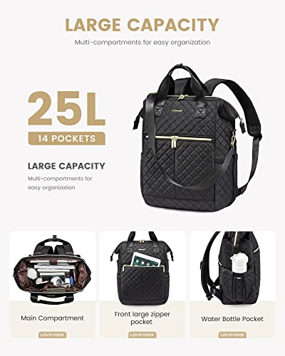 LOVEVOOK Laptop Backpack for Women Wide Open Computer Work Bag Business Travel Backpack Quilted Convertible Tote Backpack Purse 15.6 Inch Teacher Nurse Computer Laptop Bag with USB Port, Black