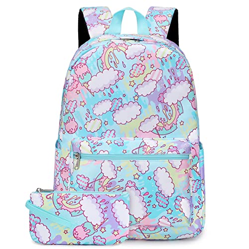 Dafelile Girls Backpack with Pencil Case Set, 2 in 1 Cute Patterns Printed Schoolbag Set Water Resistant Kids Bookbag for Kindergarten Elementary School Girls