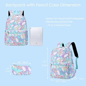 Dafelile Girls Backpack with Pencil Case Set, 2 in 1 Cute Patterns Printed Schoolbag Set Water Resistant Kids Bookbag for Kindergarten Elementary School Girls